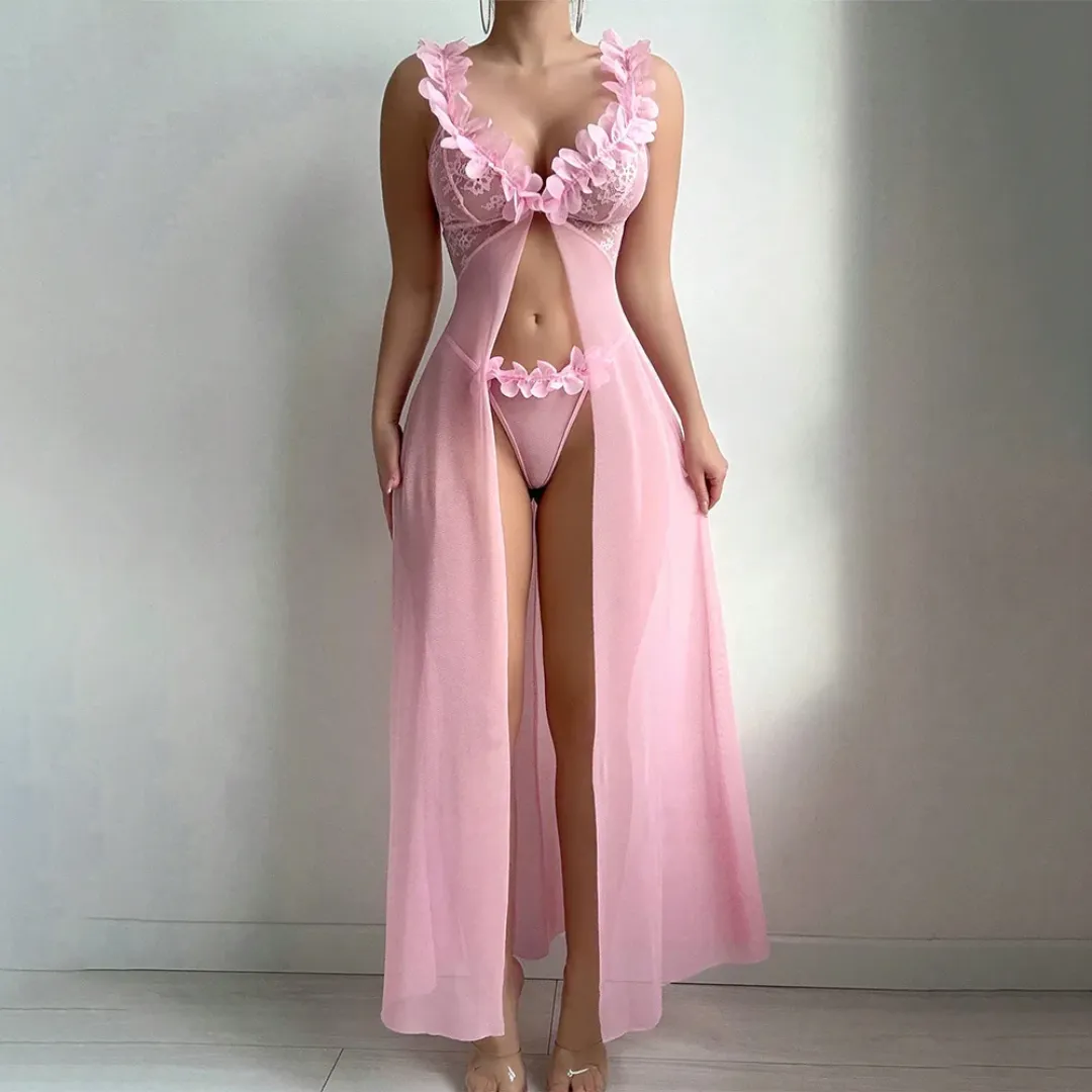 Robe Lingerie Sexy Transparente – Dentelle Florale, Col en V, Ouverture Frontale, Style Princesse