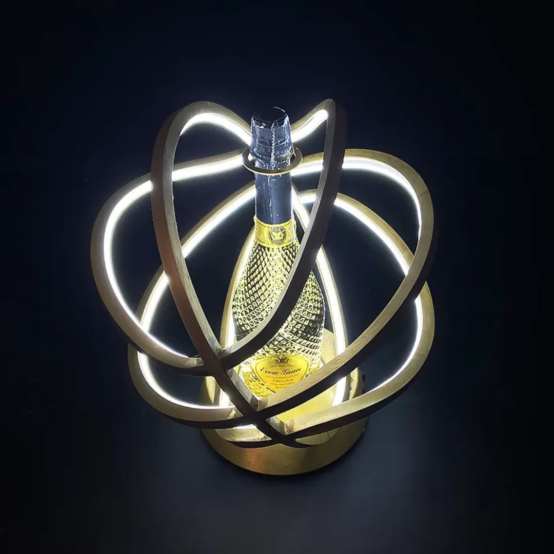 Présentoir de Bouteille Champagne LED – Design Atomique en Métal Doré – Plateau Lumineux Haut de Gamme pour Bar, Événements et Publicité