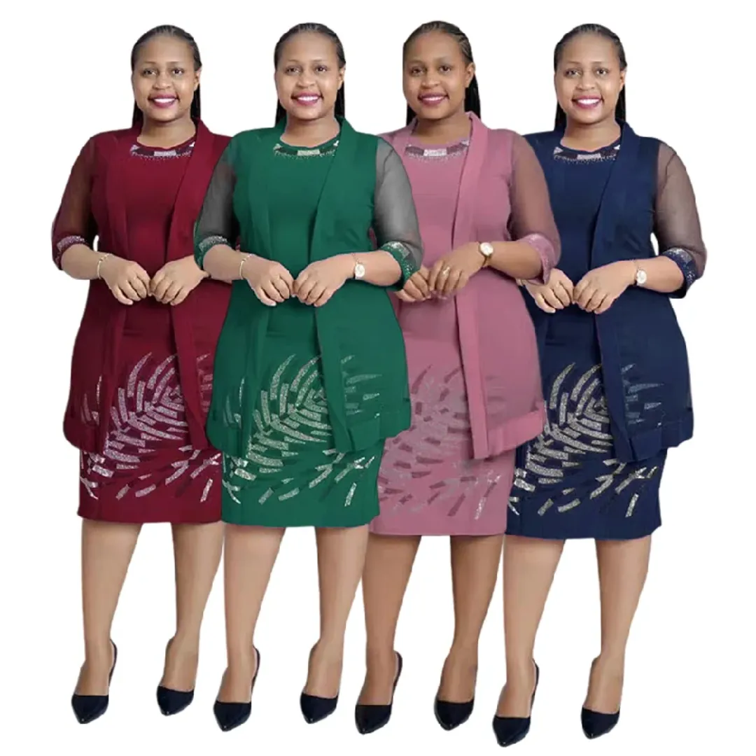 Ensemble Robe Grande Taille + Cardigan – 2 Pièces Élégant avec Strass pour Femmes Africaines