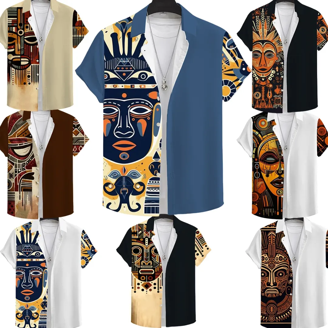 Chemise Homme Imprimé Tribal Africain – Manches Courtes, Style Rétro Décontracté & Original