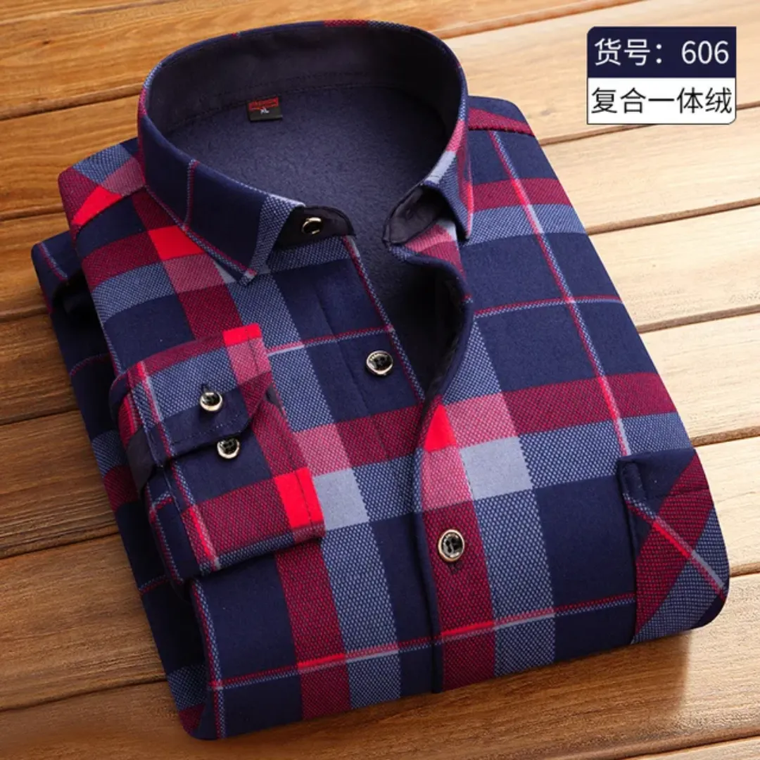 Chemise Homme Chaude à Carreaux en Polaire – Manches Longues, Hiver & Automne, Élégante et Décontractée