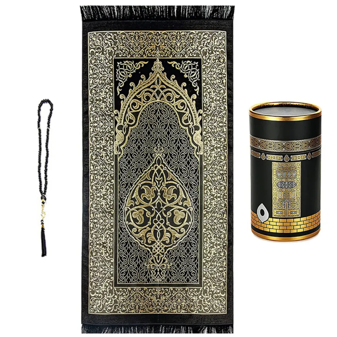 Set de Prière Luxe Kaaba – Tapis élégant avec boîte cylindrique et chapelet musulman (Misbaha)