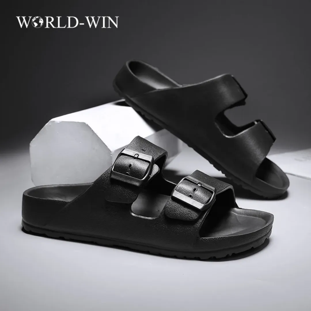 Sandales Homme WORLD-WIN – Claquettes Noires à Double Boucle Réglable, Confort et Style Minimaliste