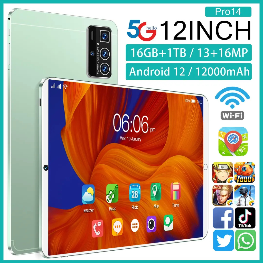 Tablette Android 12 Pro 12" – 16 Go RAM + 1 To ROM, 5G, Double SIM, 12000 mAh, Caméra 13+16MP