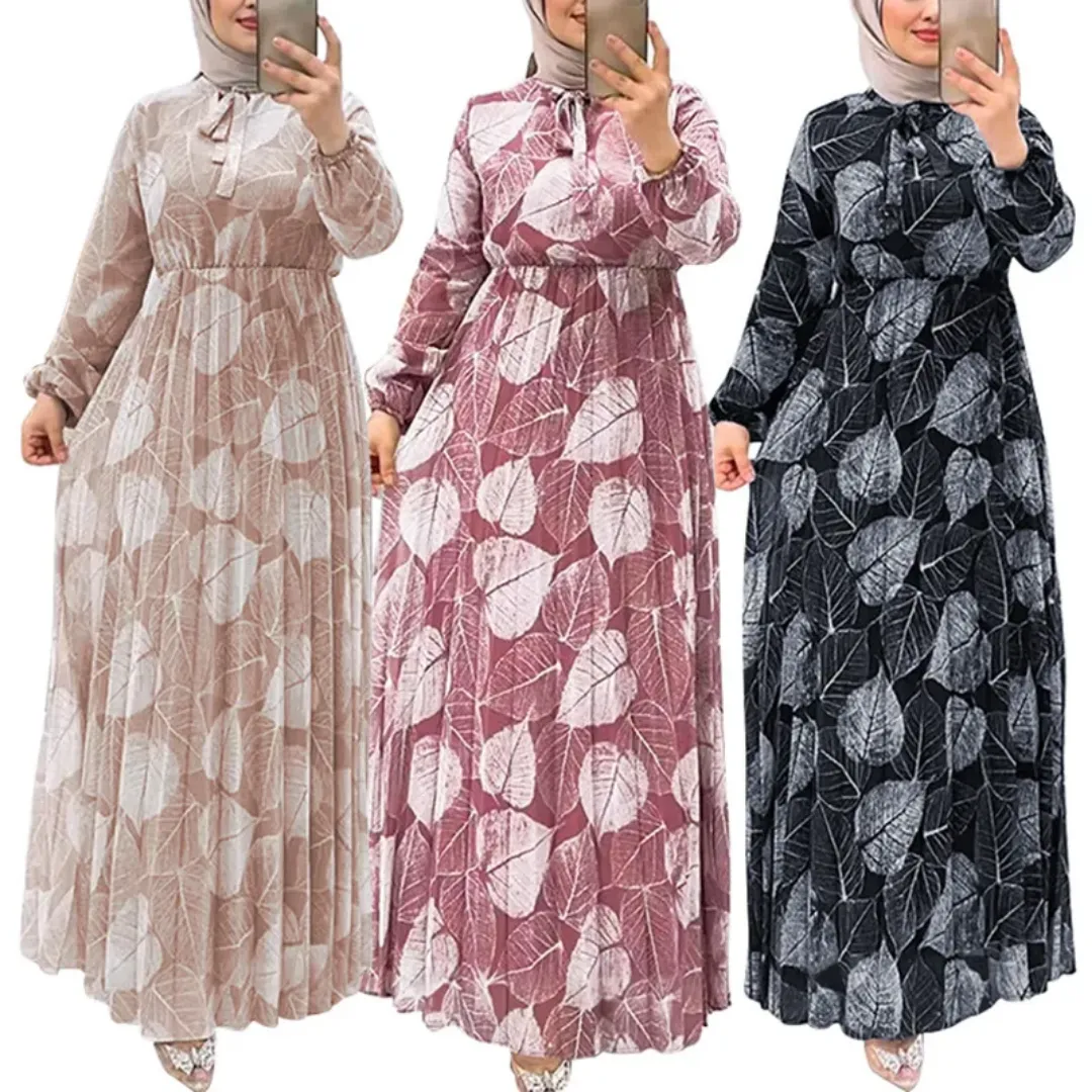 Robe Longue Voilée Imprimée Feuilles – Élégance Modeste pour Femme Musulmane