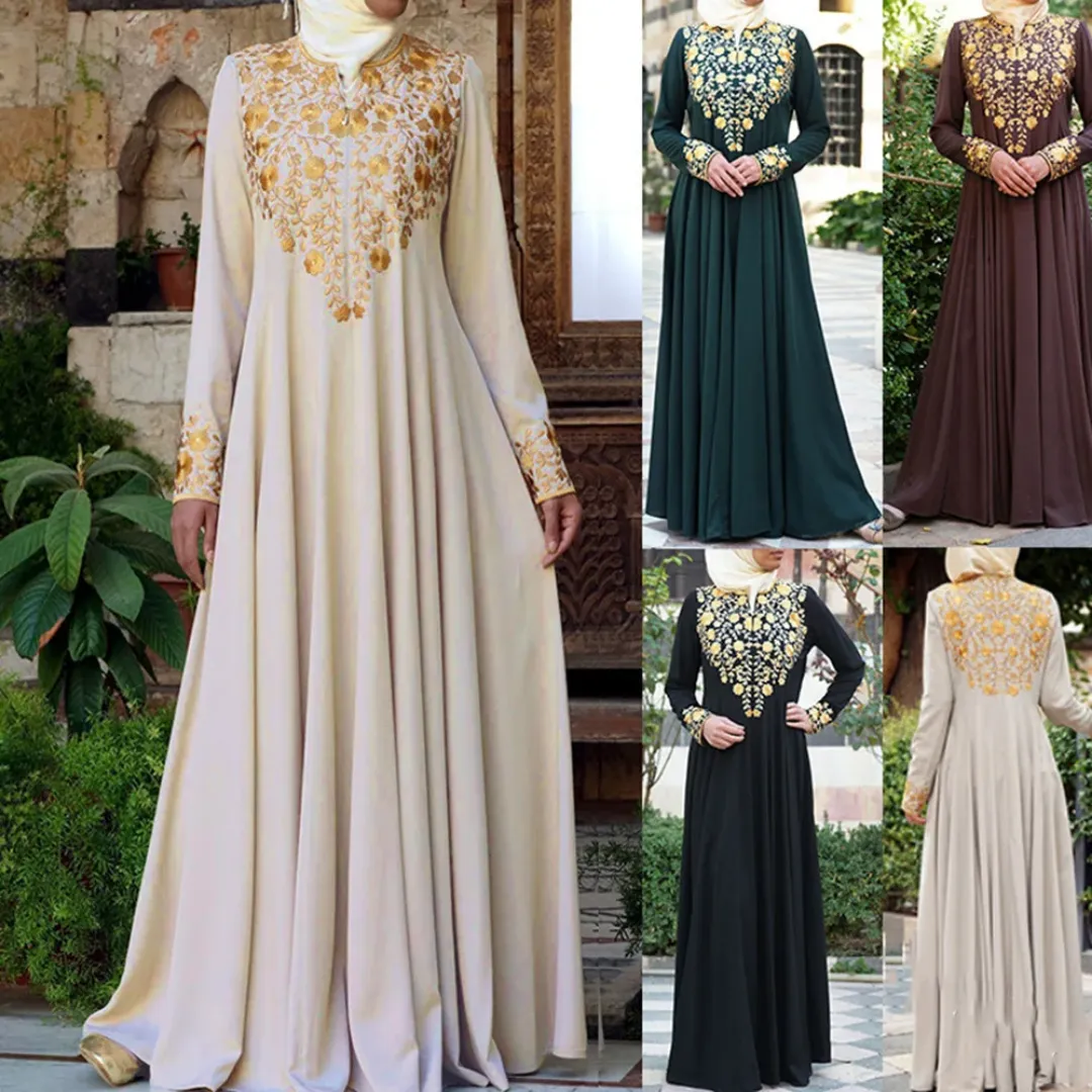 Robe Longue Évasée avec Broderies Dorées – Élégance Orientale