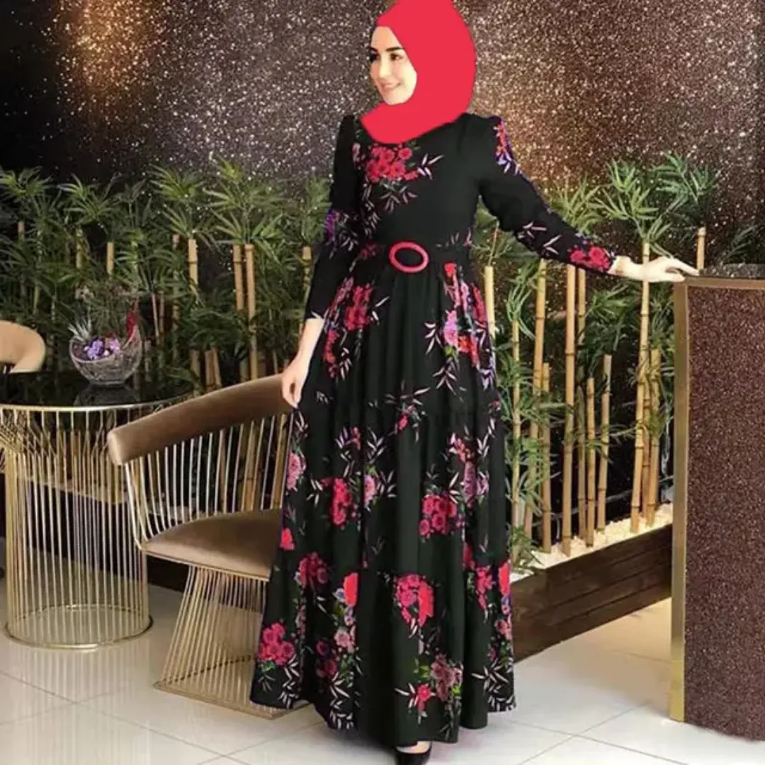 Robe Longue Fleurie Noire avec Ceinture – Élégance Orientale