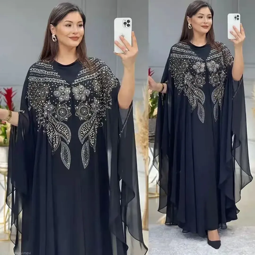 Robe Kaftan Papillon Chic à Strass – Coupe Ample et Élégante