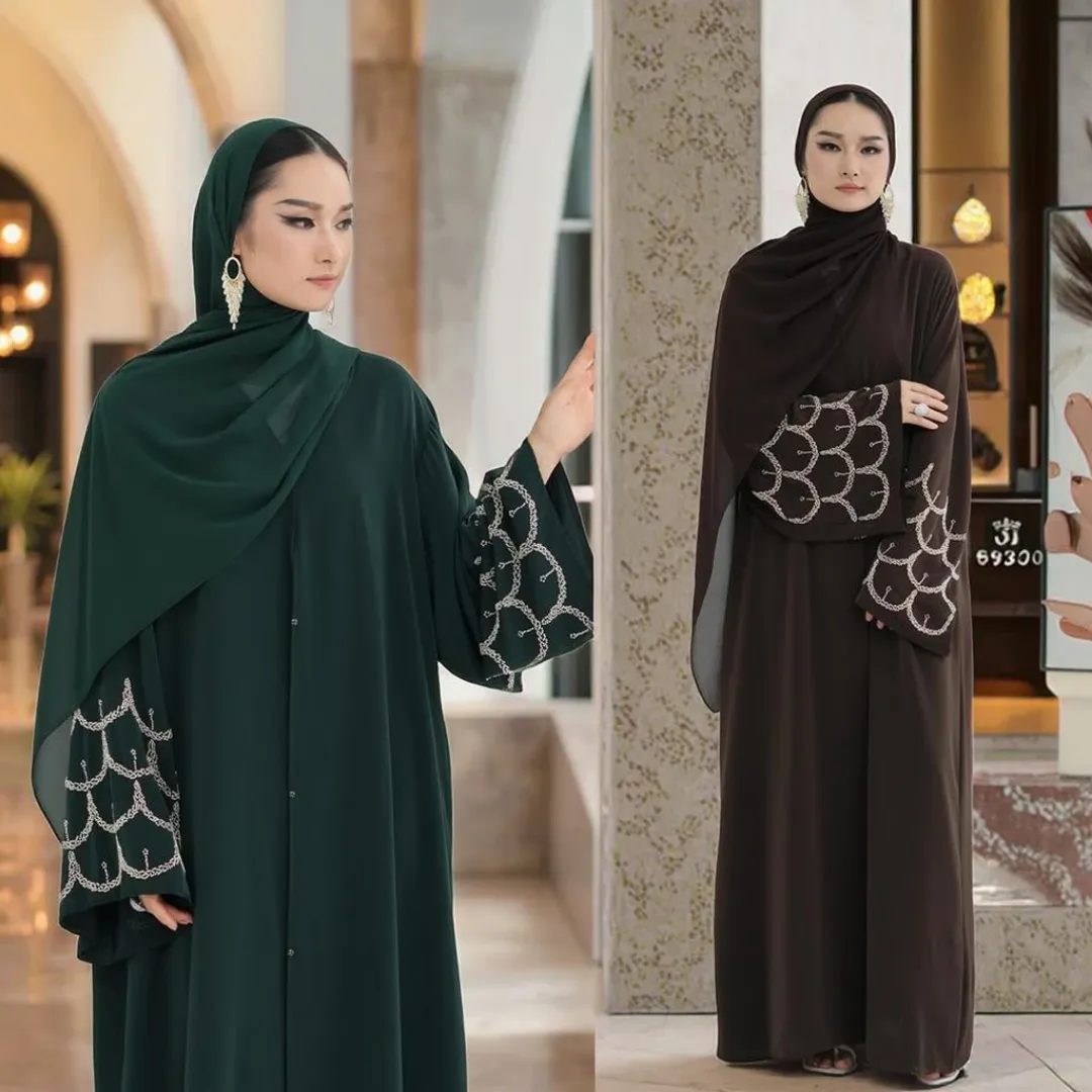 Abaya Élégance Perlée – Manches Brodées et Hijab Assorti
