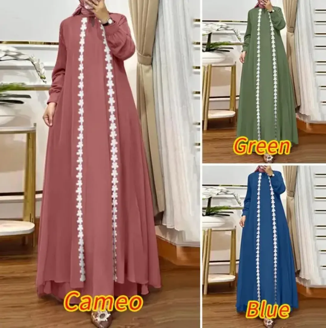 Robe Longue Modeste avec Broderie Florale Verticale