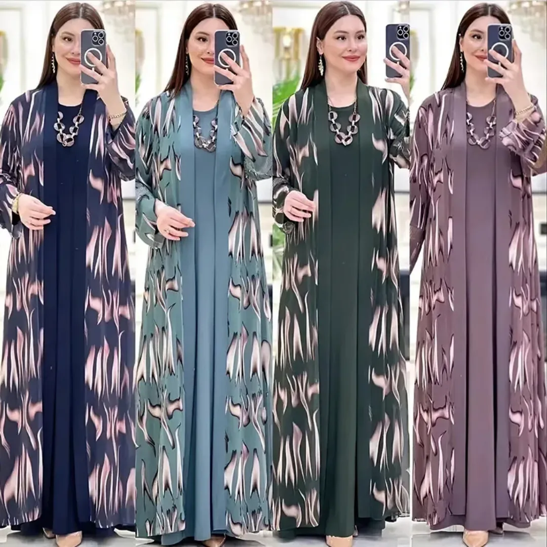 Abaya Élégante avec Kimono Imprimé – 2 Pièces Coordonnées