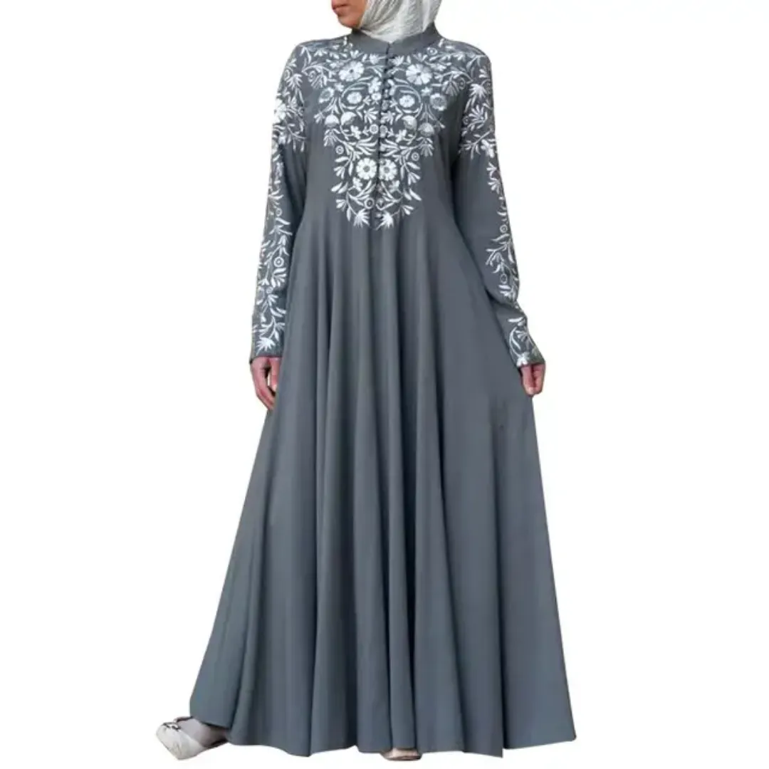 Robe Longue Grise à Broderies Florales – Style Modeste Élégant