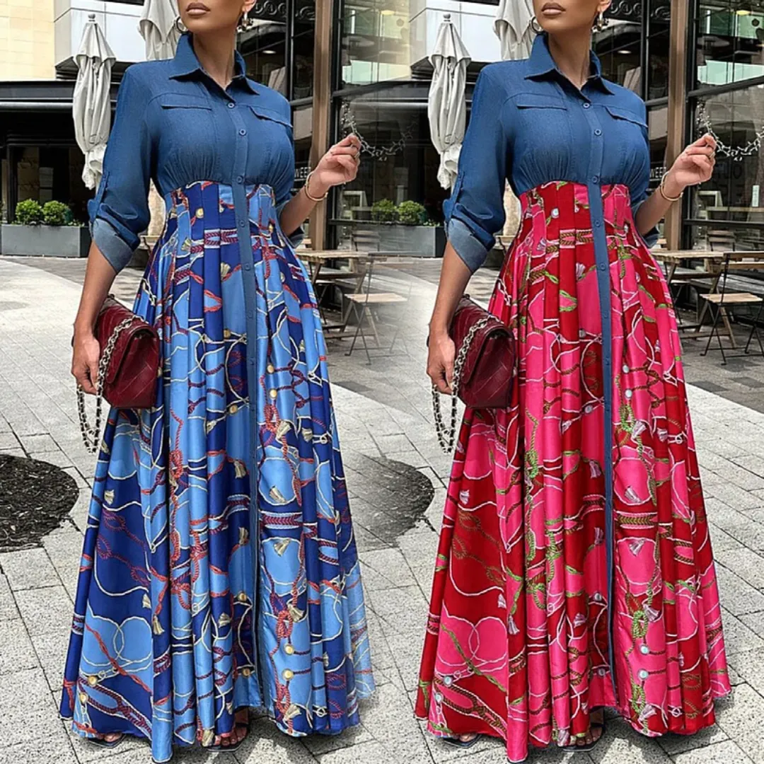 Robe Longue Chic avec Haut en Jean et Jupe Imprimée – Style Bimatière