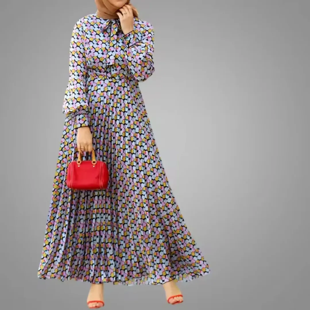 Robe Longue Plissée à Motifs Géométriques Multicolores