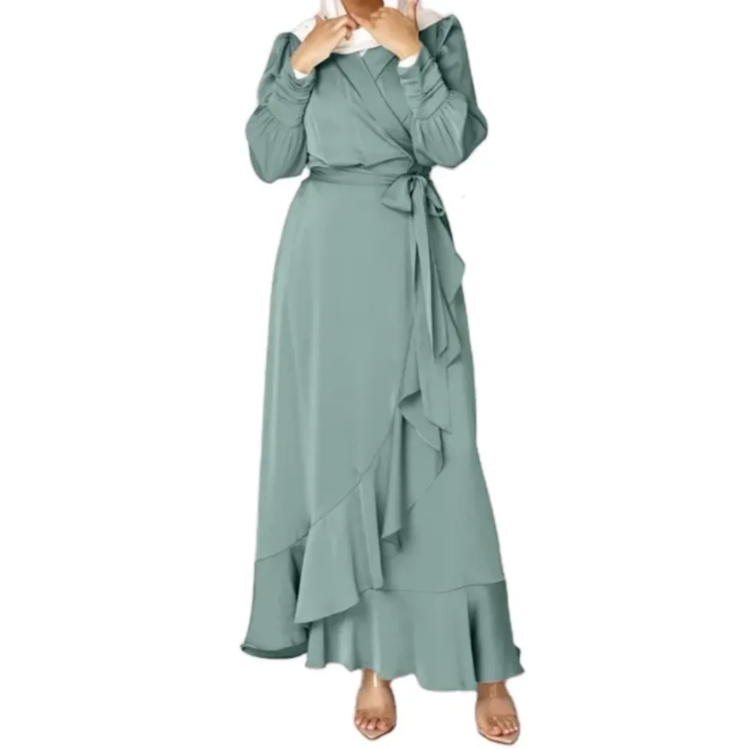 Robe Longue Portefeuille Élégance Perle – Ceinturée et Volants Fluides