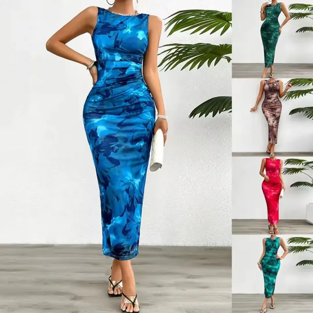 Robe Moulante Sans Manches à Imprimé Artistique