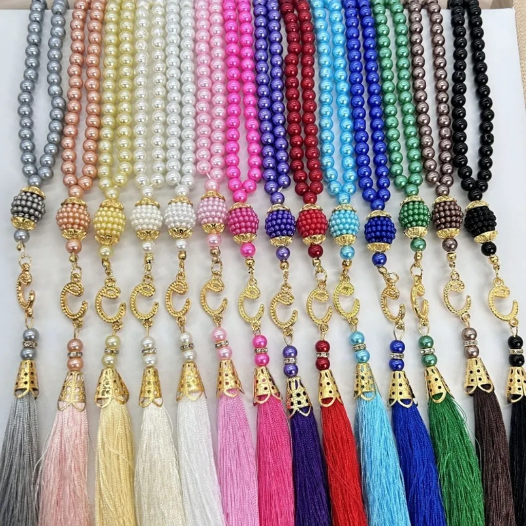 Misbaha Élégance Rose – Chapelet Musulman avec Perles Roses Nacrées et Pompon Doré