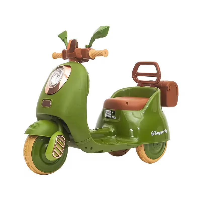 Moto Électrique Enfant Type Vespa – Vert Olive Vintage, 3 Roues Stables, Avec Coffre Arrière