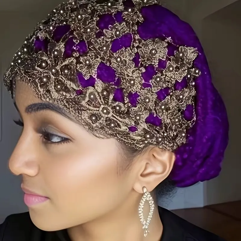 Chapeau Turban Femme Élégant – Dentelle Brodée et Perles Dorées, Extensible et Confortable