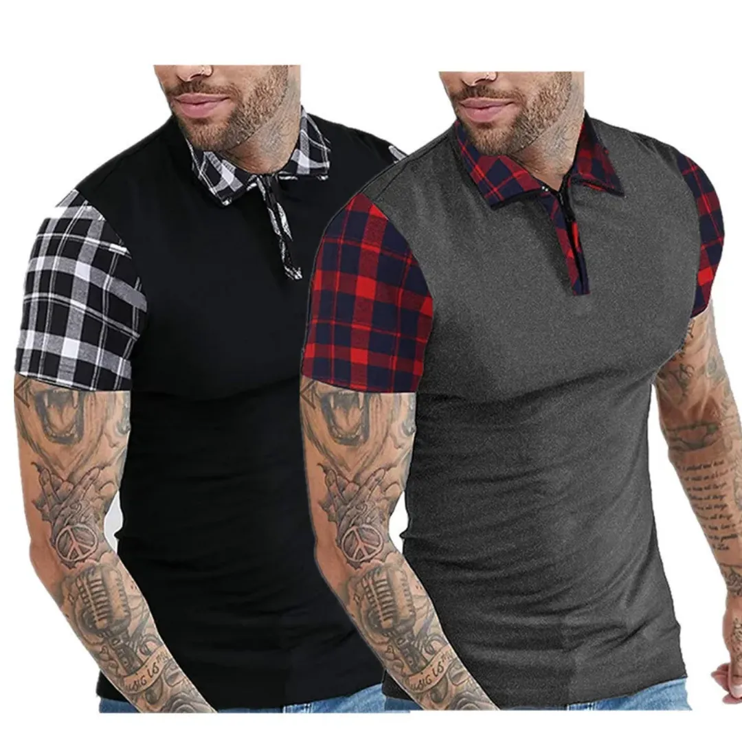 T-shirt Homme Bimatière – Col Chemise et Manches à Carreaux