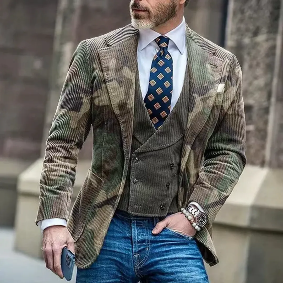 Veste Blazer Homme Élégant Camouflage en Velours Côtelé