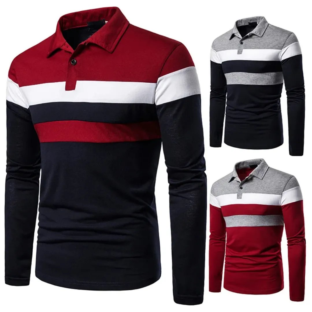 Polo Homme Manches Longues à Rayures Contrastées