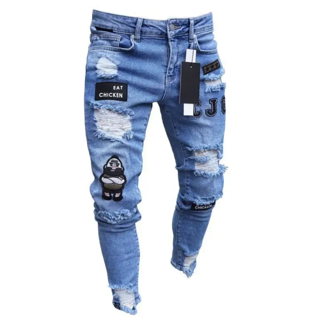 Jean Slim Homme Déchiré avec Broderies "Eat Chicken"