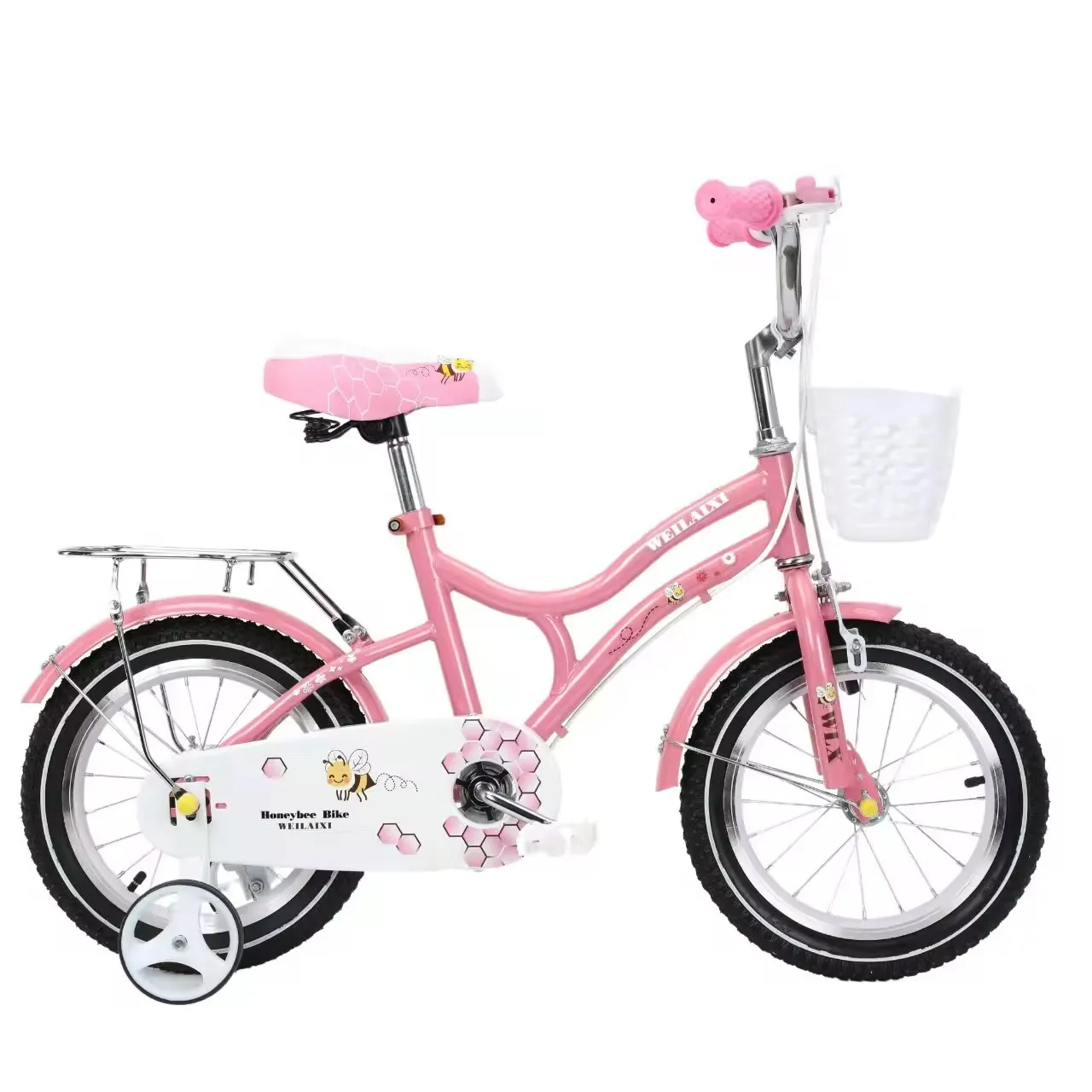 Vélo Enfant Fille 14 Pouces – Design Fleuri Rose avec Roues Stabilisatrices et Panier, de 3 à 8 Ans
