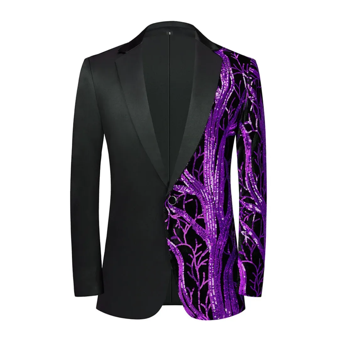 Veste de Costume Homme Bicolore Élégante – Motif Violet Pailleté Asymétrique