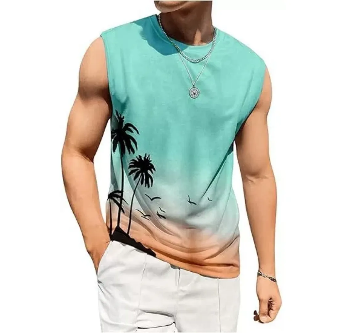 Débardeur Dégradé Homme – Palmiers et Plage au Coucher du Soleil