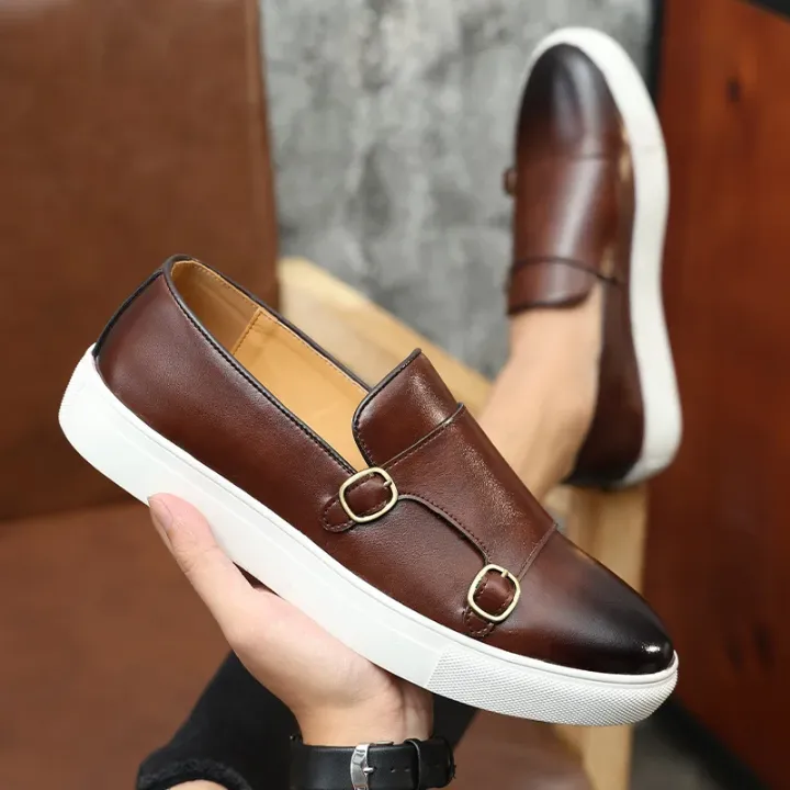 Mocassins Décontractés Homme – Cuir Marron avec Boucles et Semelle Blanche
