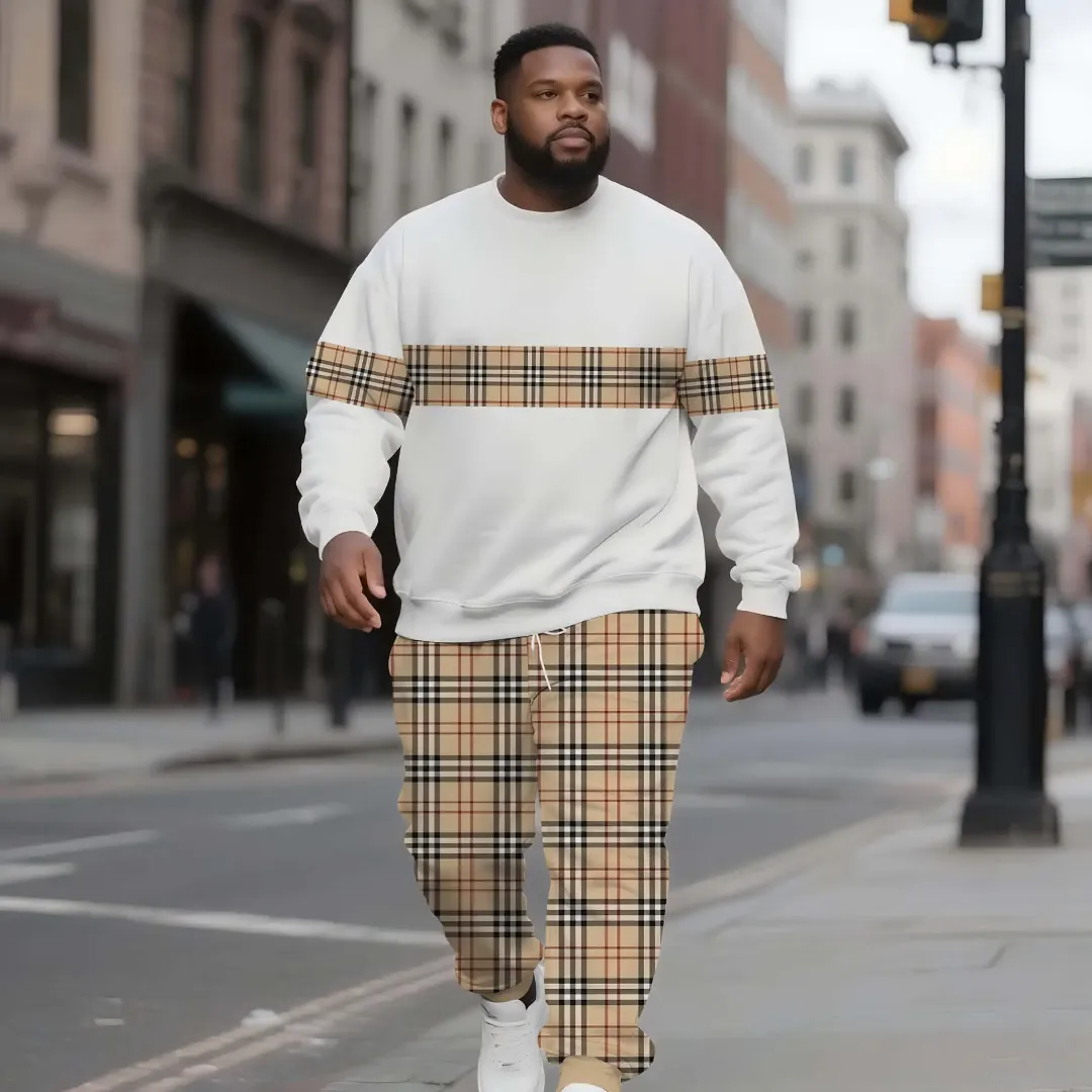 Ensemble Homme Chic à Carreaux – Pull Blanc & Pantalon Jogging Style Burberry