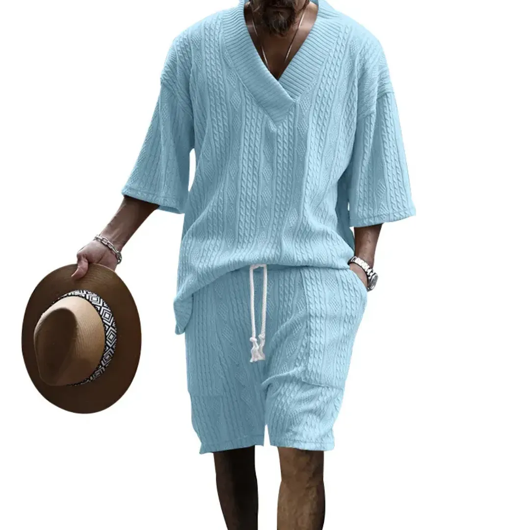 Ensemble Tricoté Homme Été – T-shirt Col V & Short Côtelé