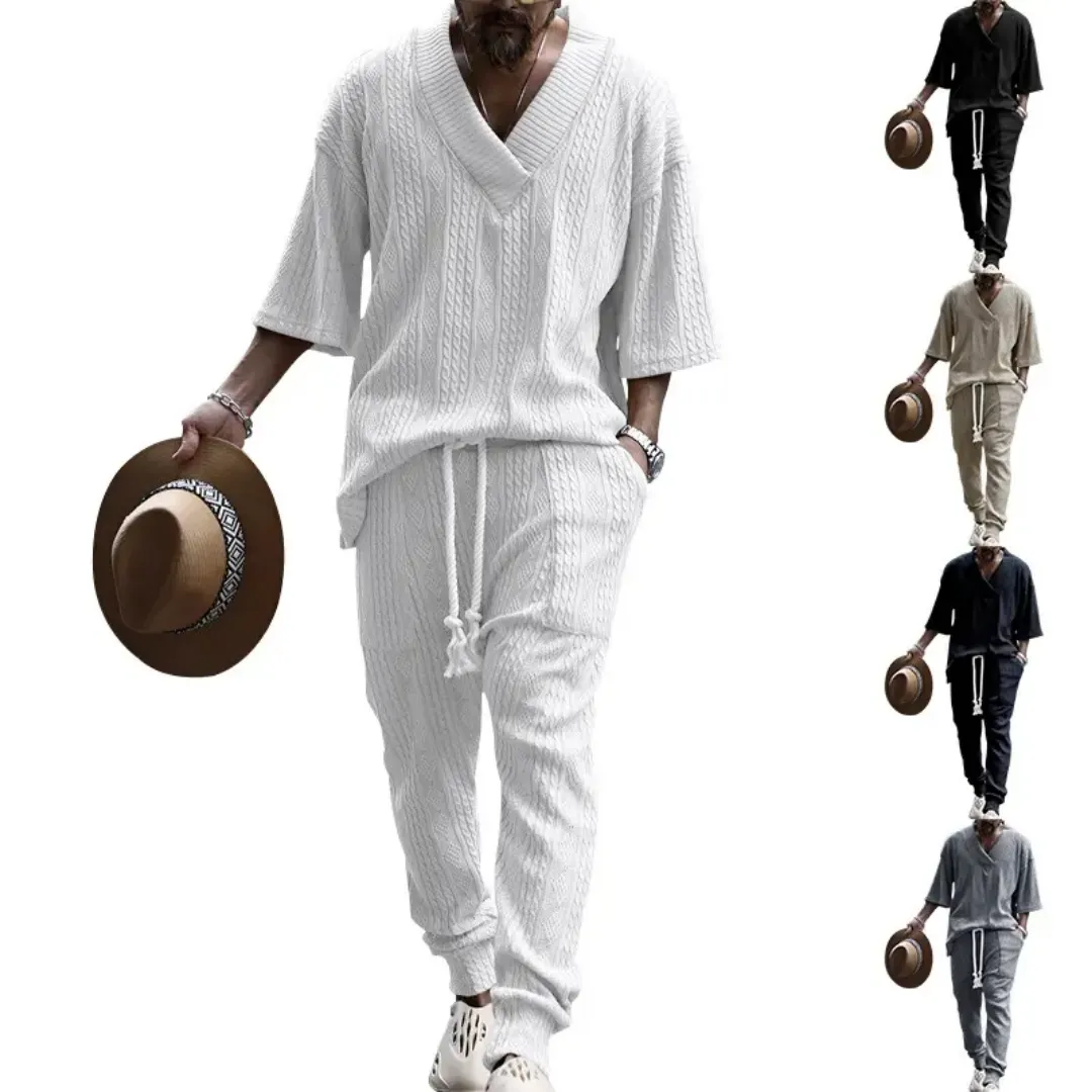 Ensemble Homme Élégance Décontractée – Col V et Pantalon Long en Maille