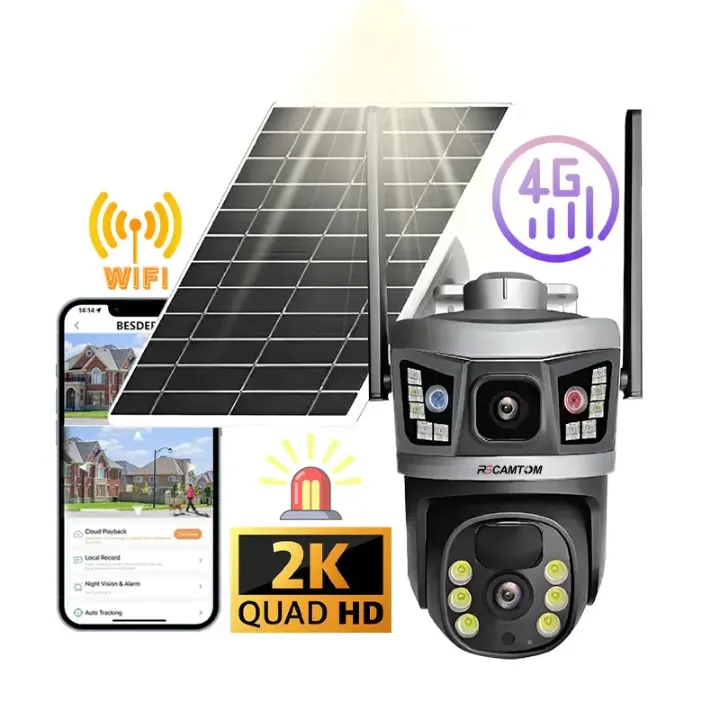 Caméra de Surveillance 4G & Wi-Fi 2K Quad HD avec Panneau Solaire – Vision Nocturne, Détection de Mouvement & Audio Bidirectionnel