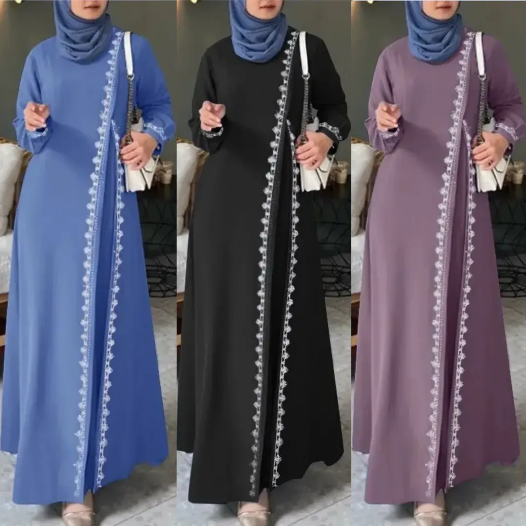 Abaya Mousseline Décontractée à Broderie – Robe Longue Islamique Élégante pour Femmes Musulmanes