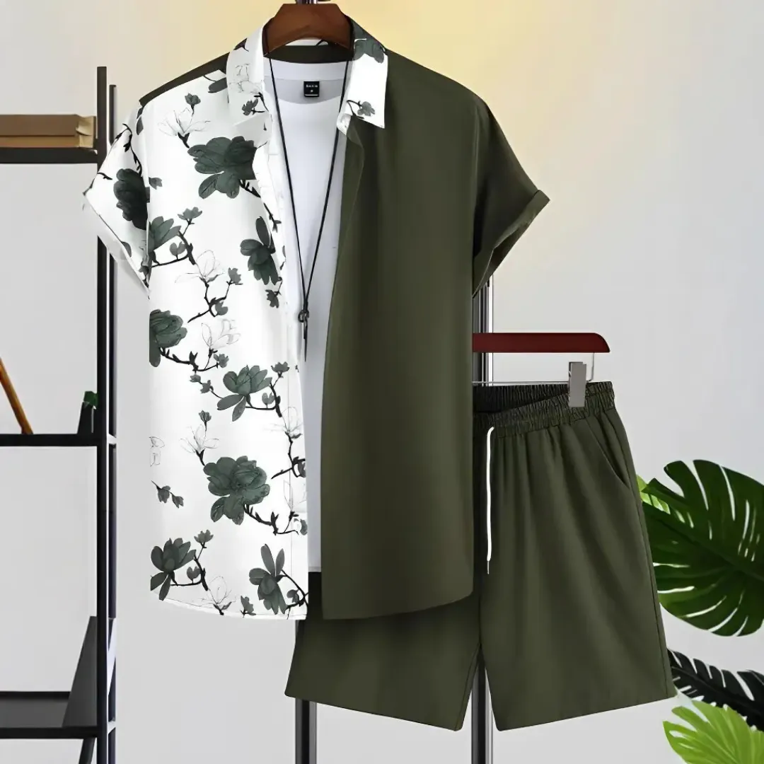 Ensemble Estival Homme 3 Pièces – Chemise Florale, T-shirt et Short Vert Olive