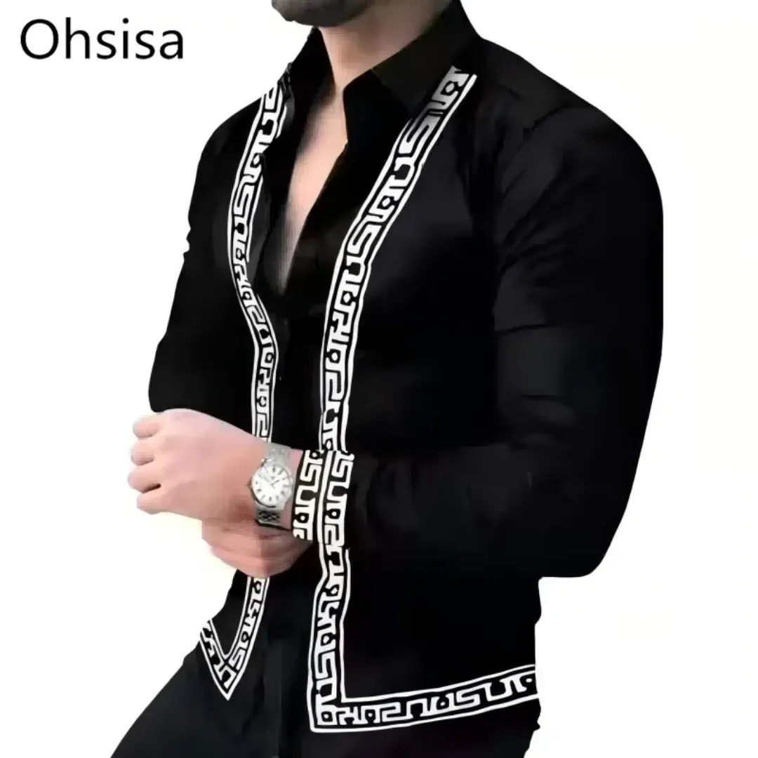 Chemise Homme Noire à Motifs Grecs – Style Élégant