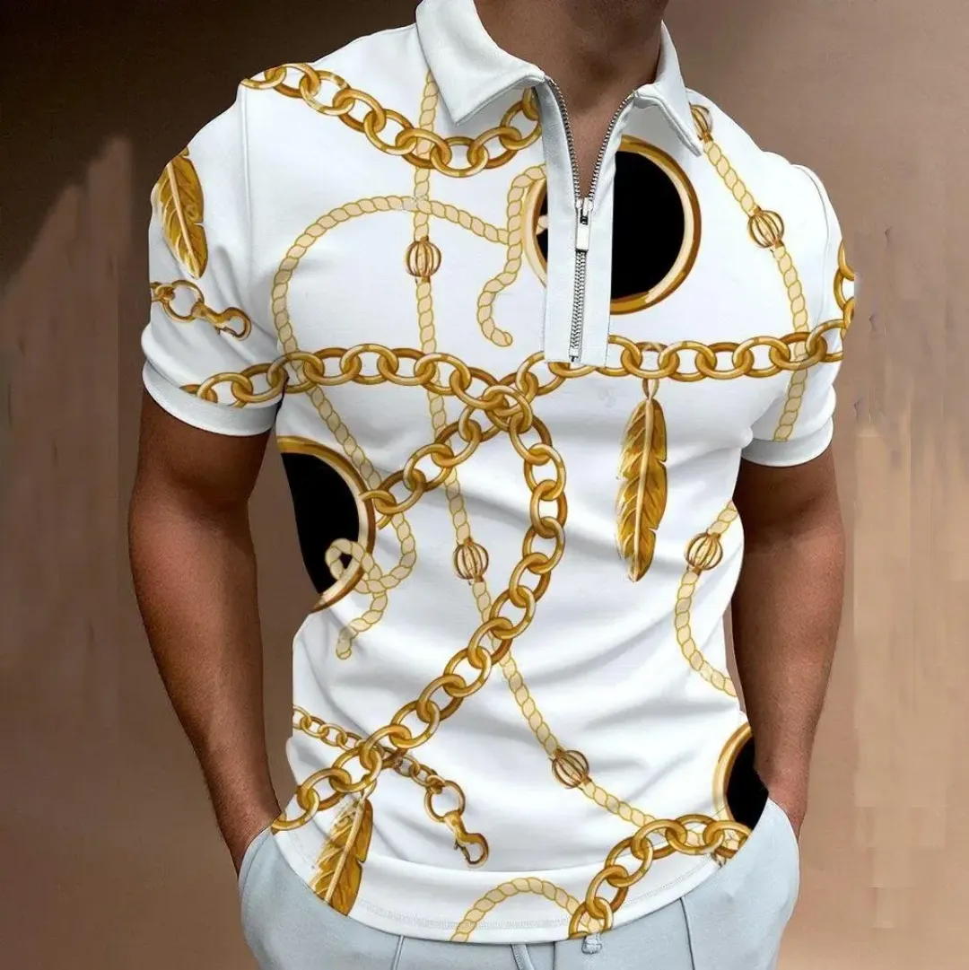 Polo Homme Blanc à Motifs Chaînes Dorées avec Fermeture Éclair