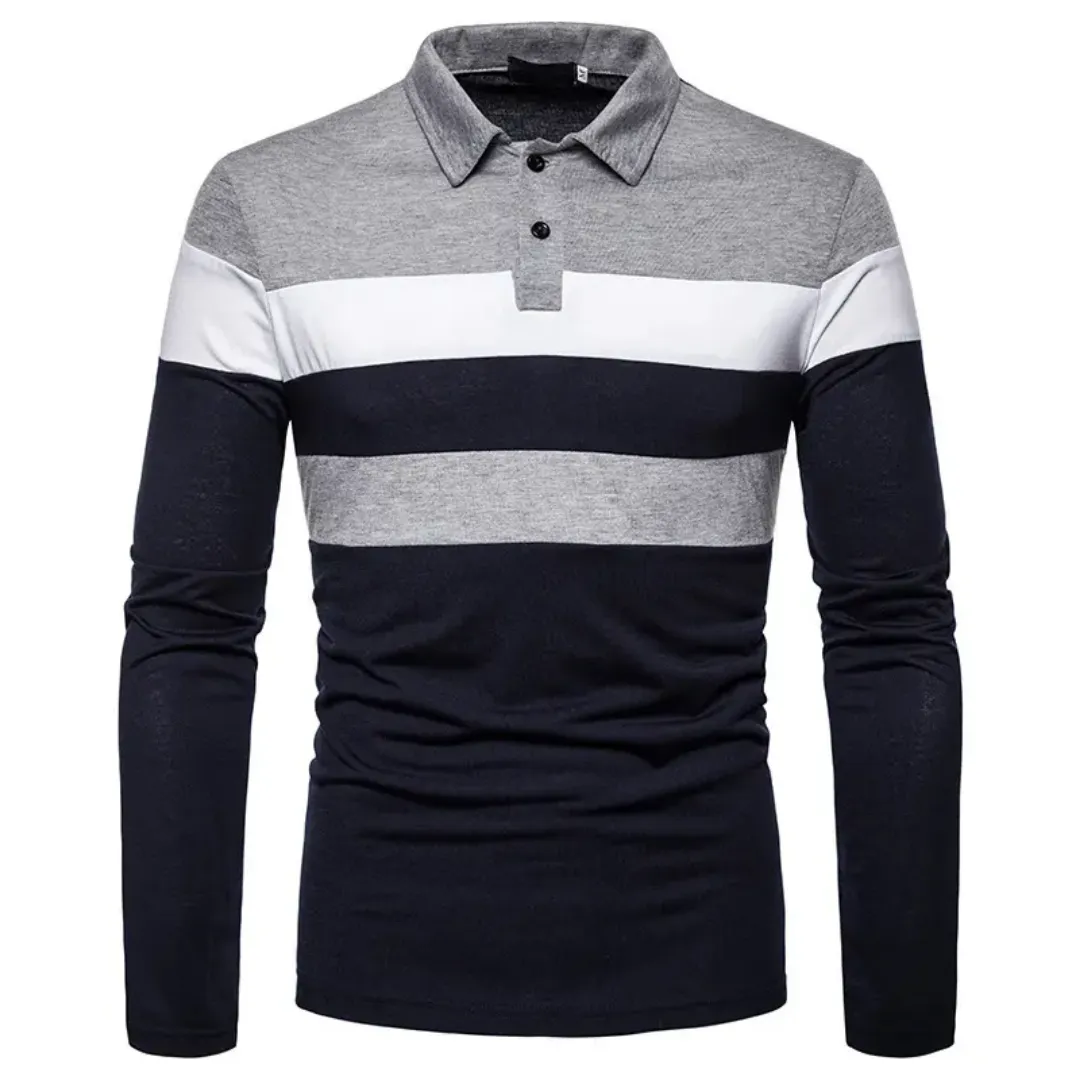 Polo Homme à Manches Longues – Rayures Élégantes Gris, Blanc et Bleu Marine