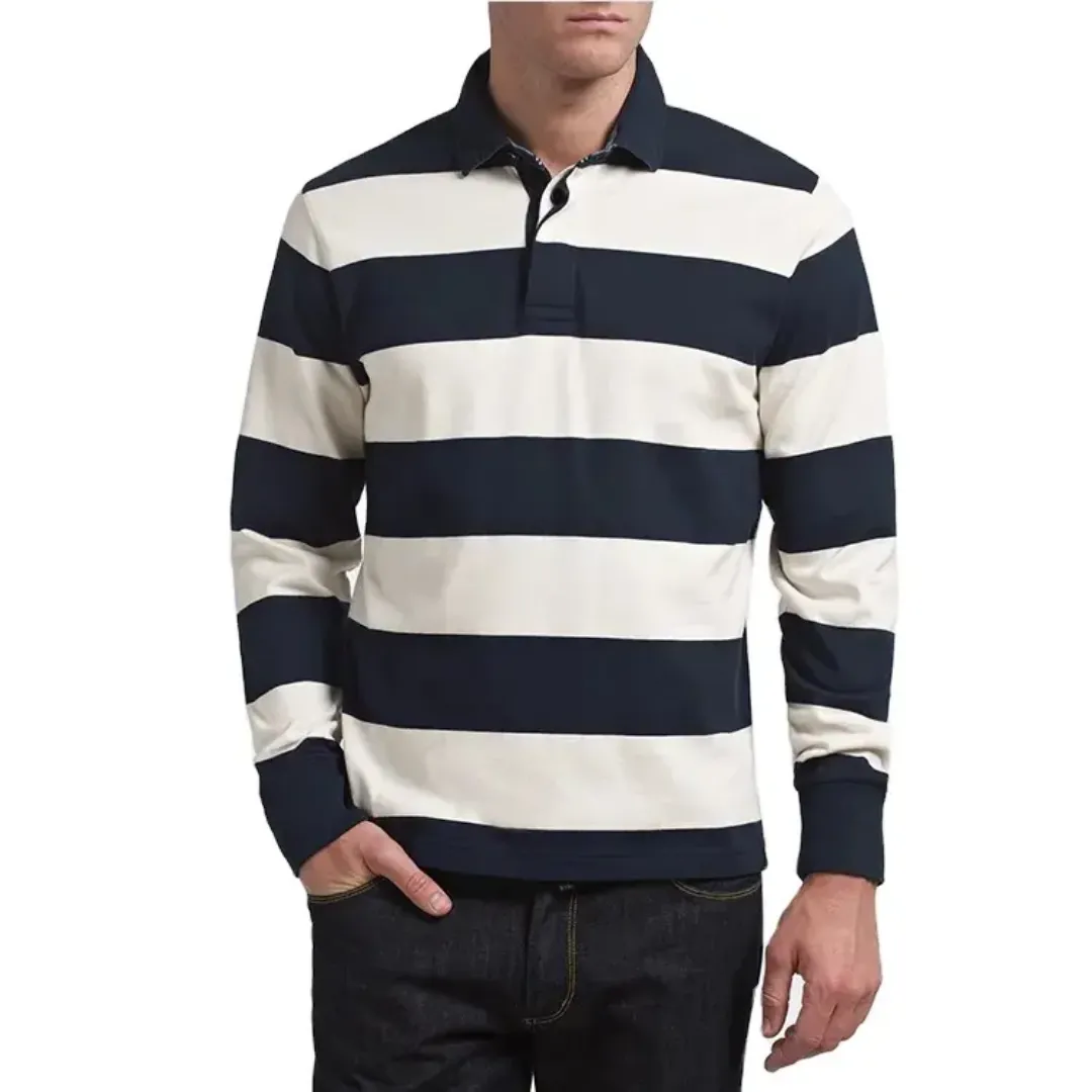 Polo Rugby Homme à Manches Longues – Rayures Larges Bleu Marine et Blanc