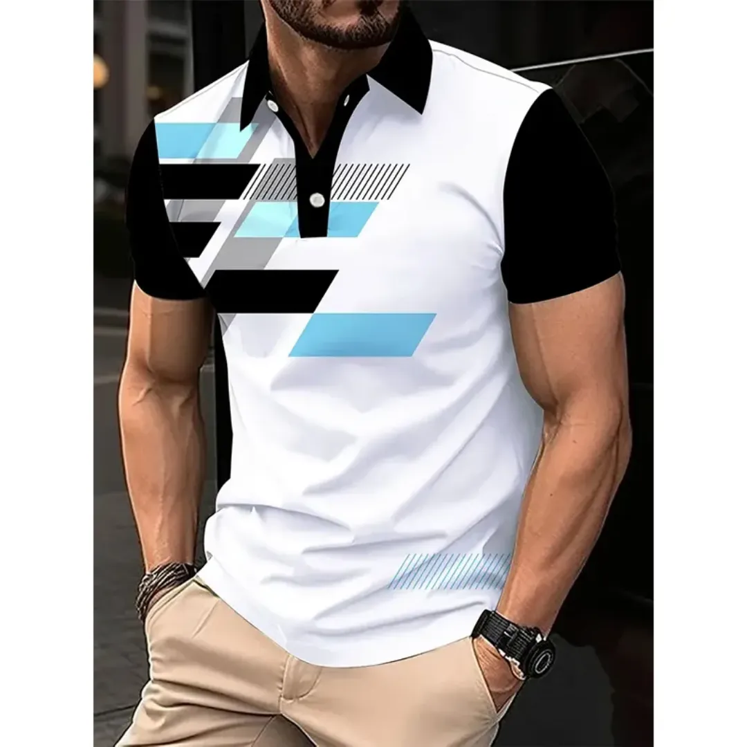 Polo homme col classique – Design géométrique moderne noir, blanc et bleu