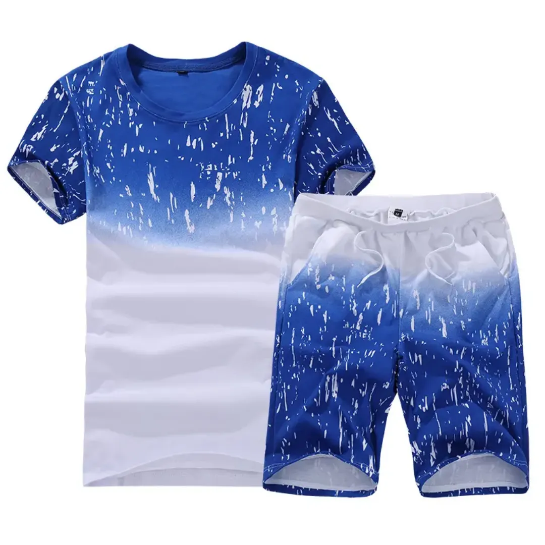 Ensemble Décontracté Homme – T-shirt et Short Bleu Dégradé Effet Éclaboussures