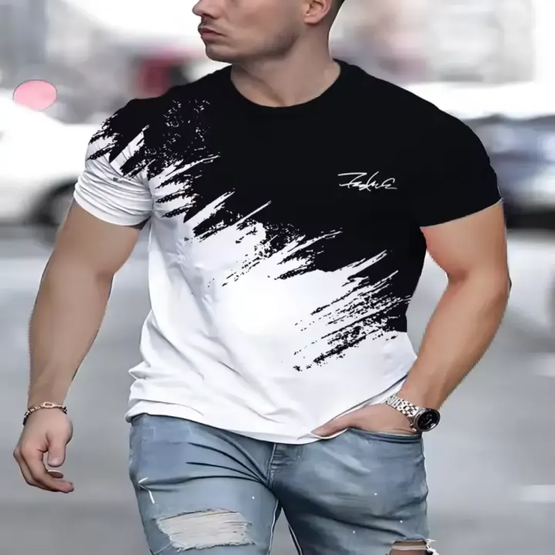 T-shirt Homme Bicolore Noir & Blanc à Motif Abstrait