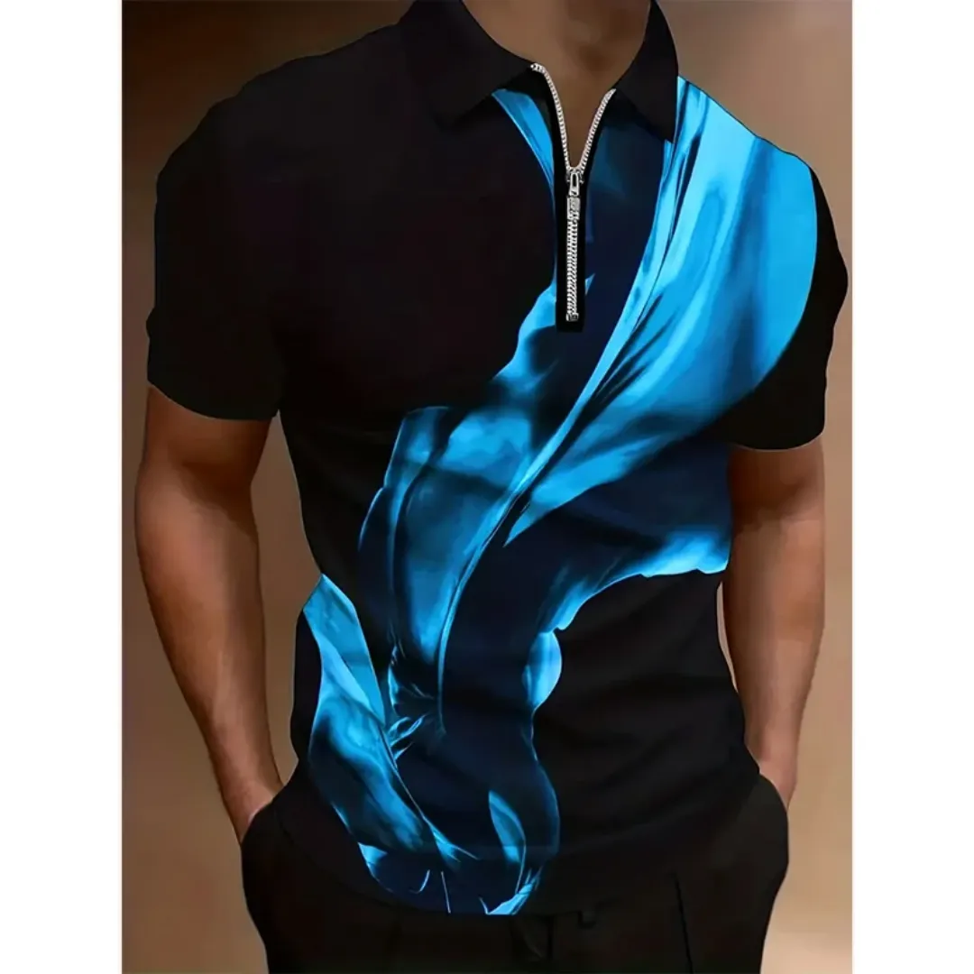 Polo Homme Noir à Fermeture Éclair et Motif Abstrait Bleu