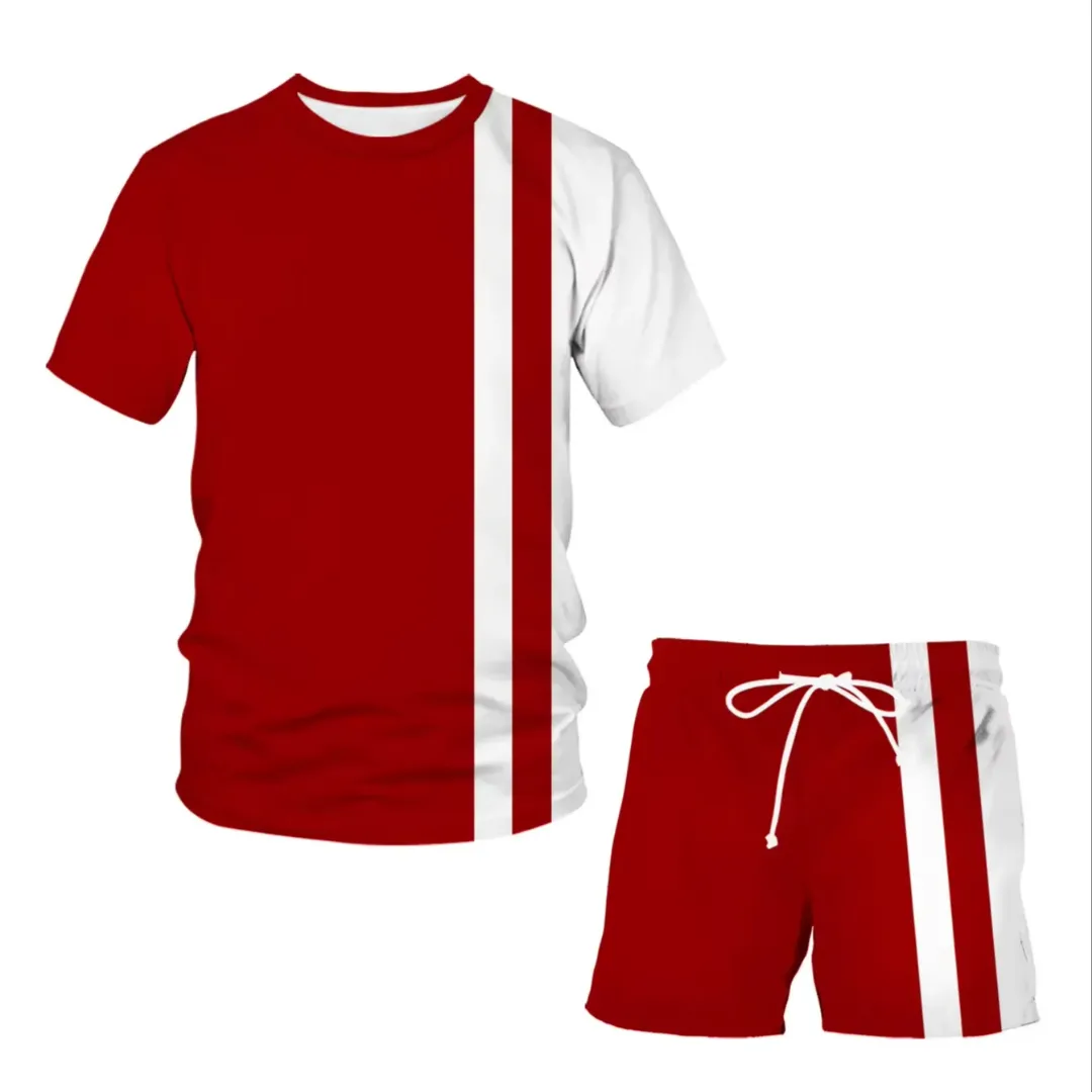Ensemble Décontracté Homme – T-shirt et Short Rouge à Bandes Verticales Blanches