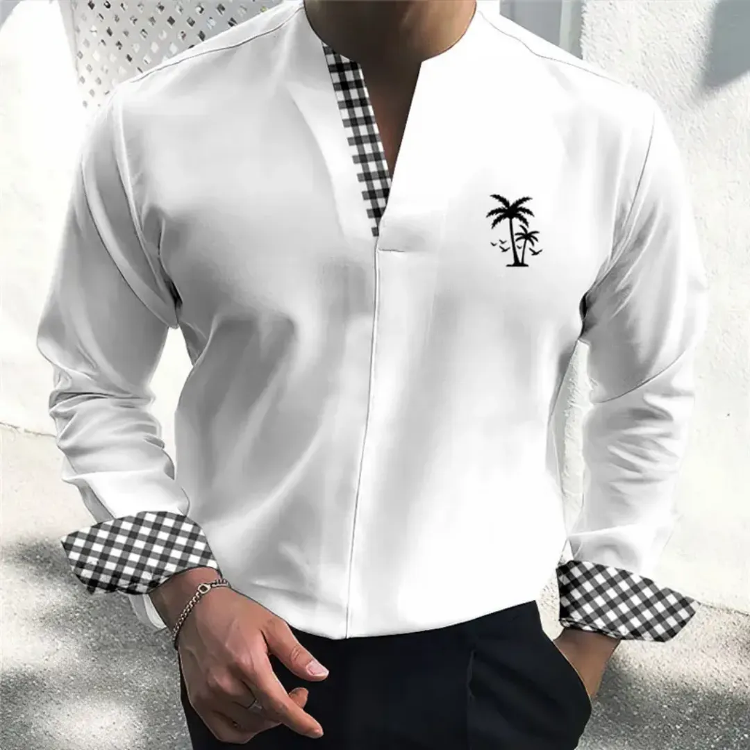 Chemise Homme Blanche à Col Tunisien avec Détails Carreaux et Motif Palmiers