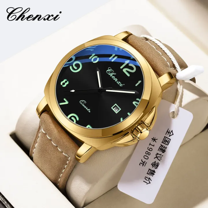 Montre Homme Chenxi Quartz – Boîtier Doré, Bracelet en Cuir et Chiffres Luminescents