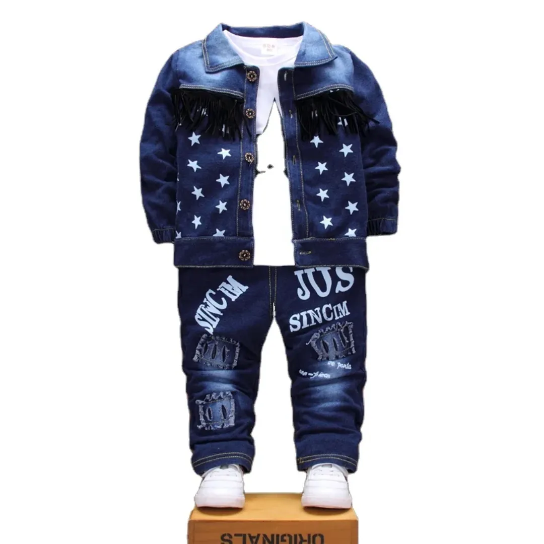Ensemble Enfant 3 Pièces en Jean – Veste, T-shirt et Pantalon Imprimé