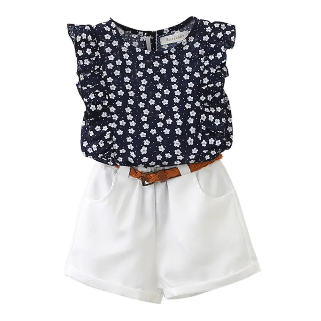 Ensemble été fille – Haut sans manches à volants fleuri & short blanc avec ceinture tressée
